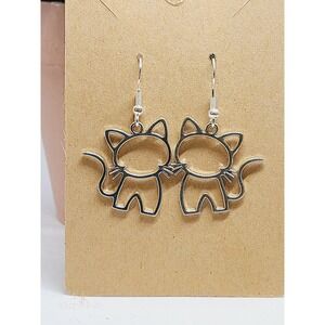 Silver Tone Minimalist Cat Outline Drop Earrings Feline Pet Lover Jewelry